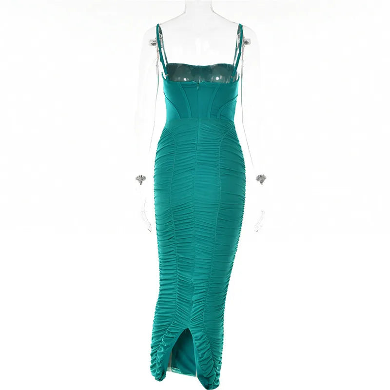 Mozision Elegant Corset Ruched Maxi Dress Women Fashion Spaghetti Strap Sleeveless Backless Zipper Long Dress Vestido