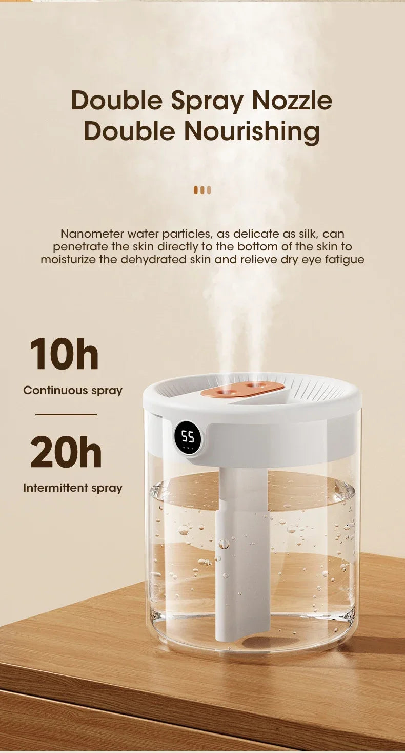 2L Dual Spray Humidifier USB Charging Large Capacity Intelligent Night Light Digital Display Atomizer Mute Office Humidifier