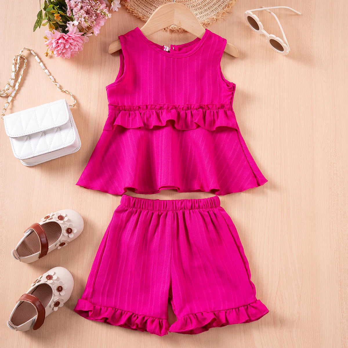 Cute Sleeveless Top Solid Color Shorts 2pcs Summer Girls Bow Tank Top Ruffle Shorts Cotton Comfort Fashion Set 0-5Y