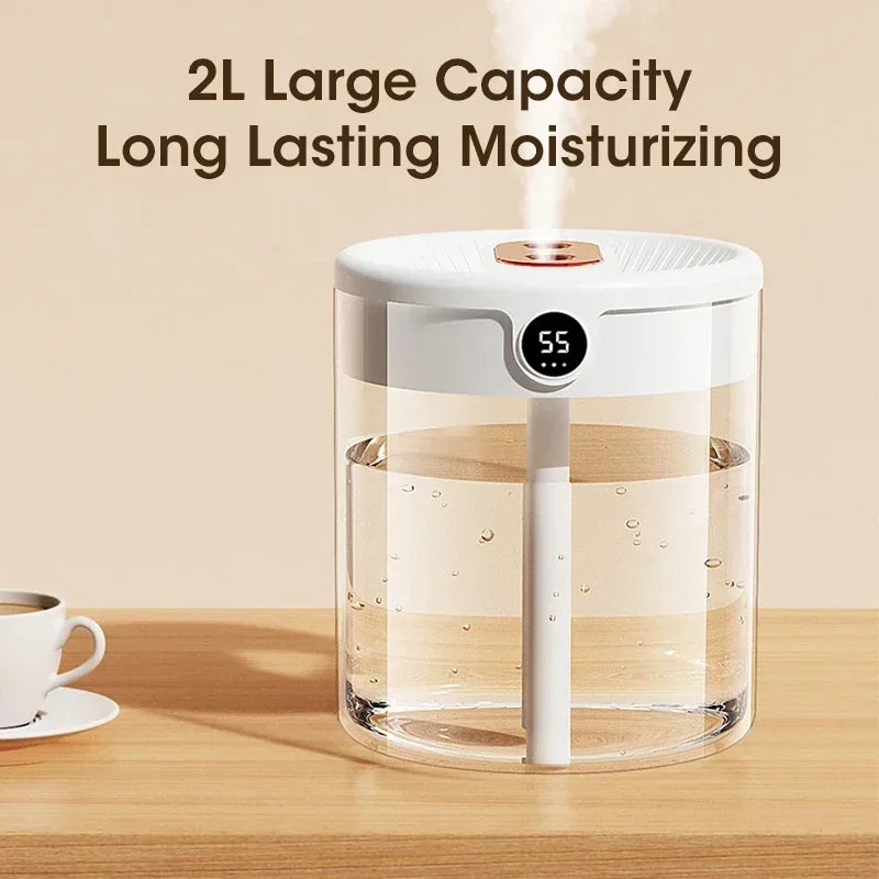 2L Dual Spray Humidifier USB Charging Large Capacity Intelligent Night Light Digital Display Atomizer Mute Office Humidifier