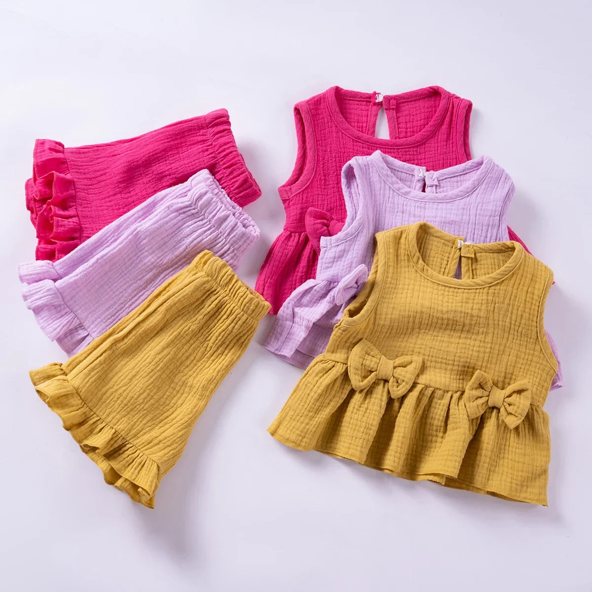 Cute Sleeveless Top Solid Color Shorts 2pcs Summer Girls Bow Tank Top Ruffle Shorts Cotton Comfort Fashion Set 0-5Y