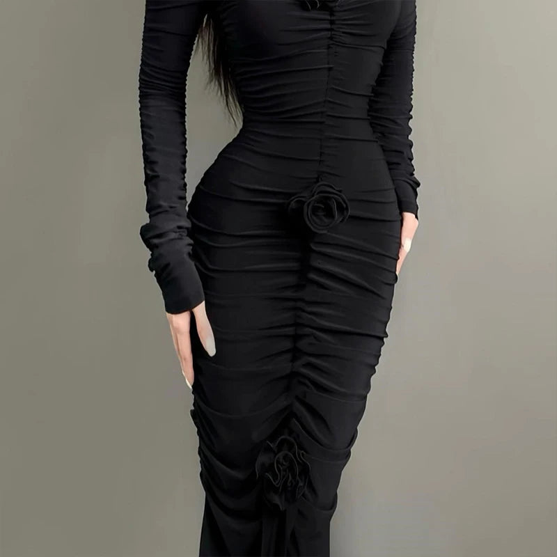 WhereMery Elegant Fashion Off Shoulder Dark Flower Ruffles Long Dress Gothic Slash Neck Long Sleeve Maxi Dresses For Women 2024