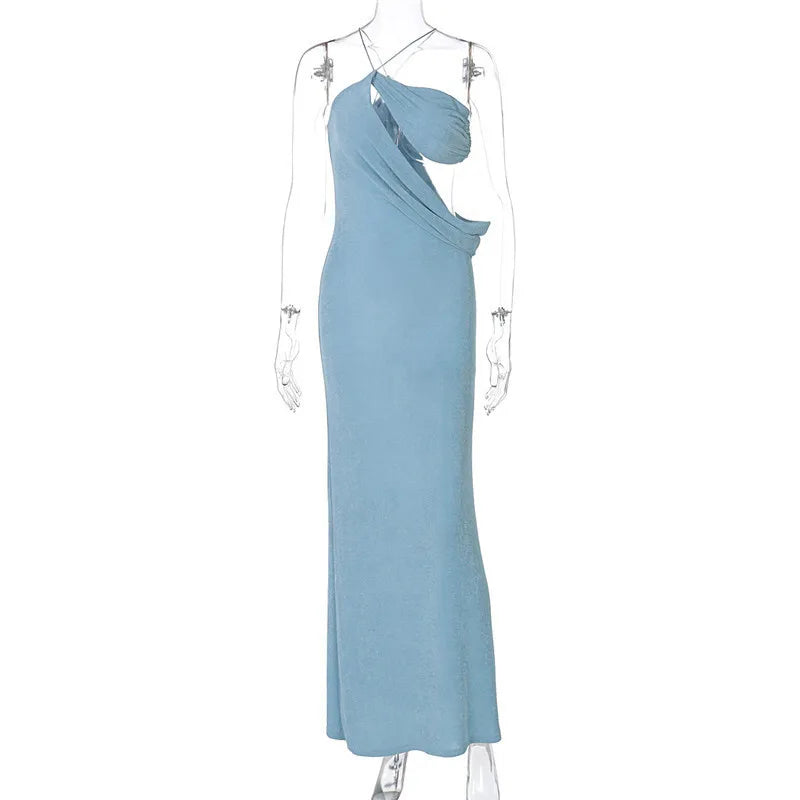 Mozision Halter Skew Collar Sexy Maxi Dress For Women Gown Hollow Out Strapless Sleeveless Backless Bodycon Club Long Dress