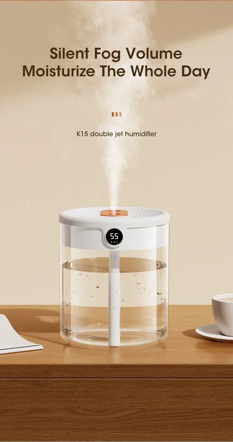2L Dual Spray Humidifier USB Charging Large Capacity Intelligent Night Light Digital Display Atomizer Mute Office Humidifier