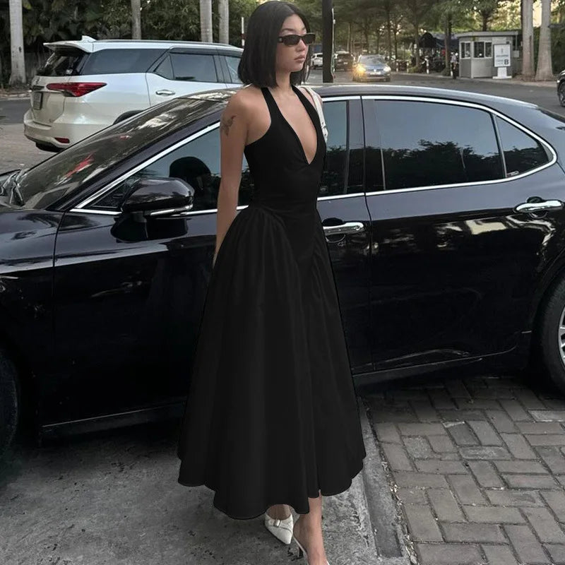 TARUXY Sexy Deep V Hollow Halterneck Large Hem Dress For Women Solid High Waisted Backless Splice Summer New Vacation Long Dress
