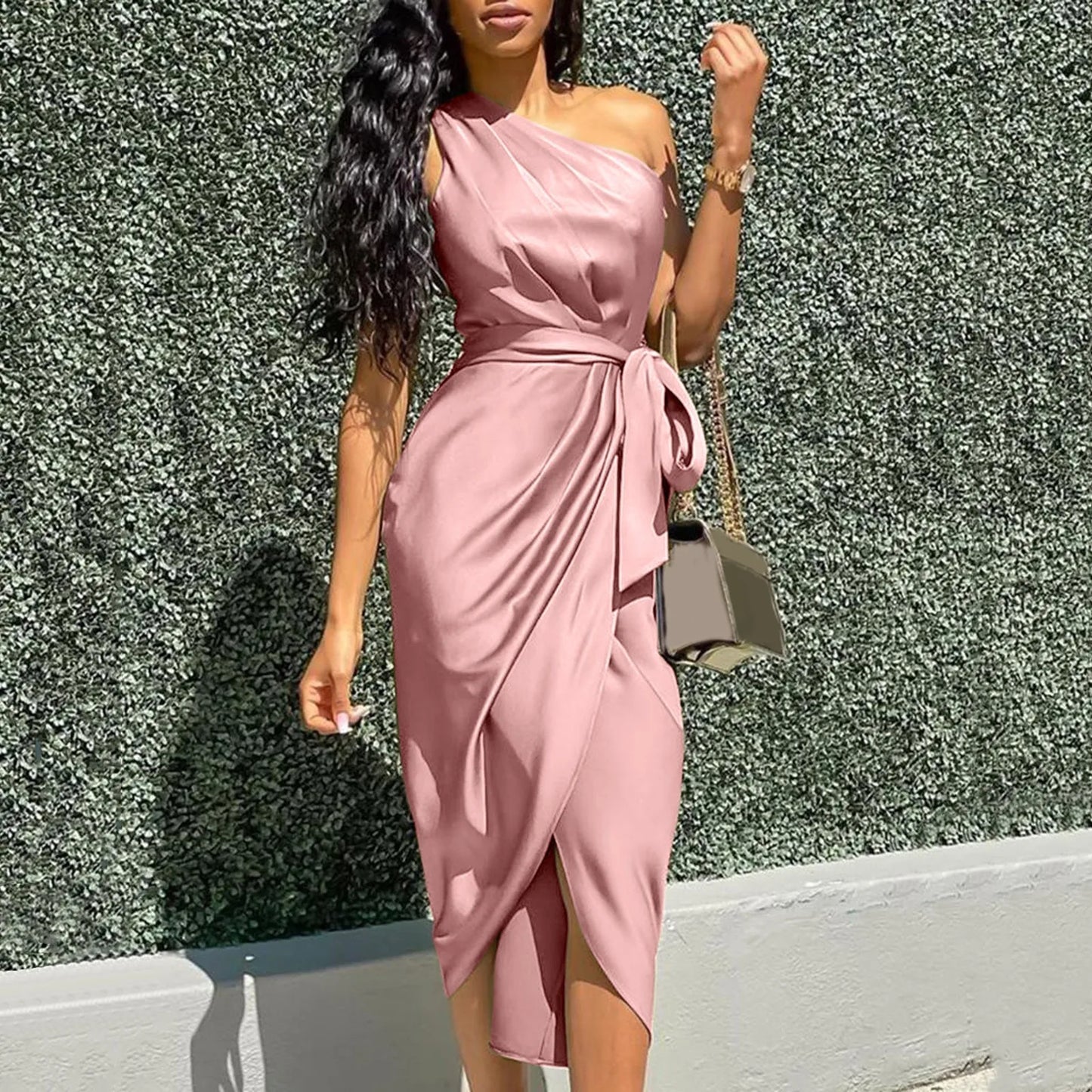 Fashion One Shoulder Long Dress Women Summer Solid Color Slim Waist Pencil Dress Ladies Backless Lace Up Evening Party Dresses