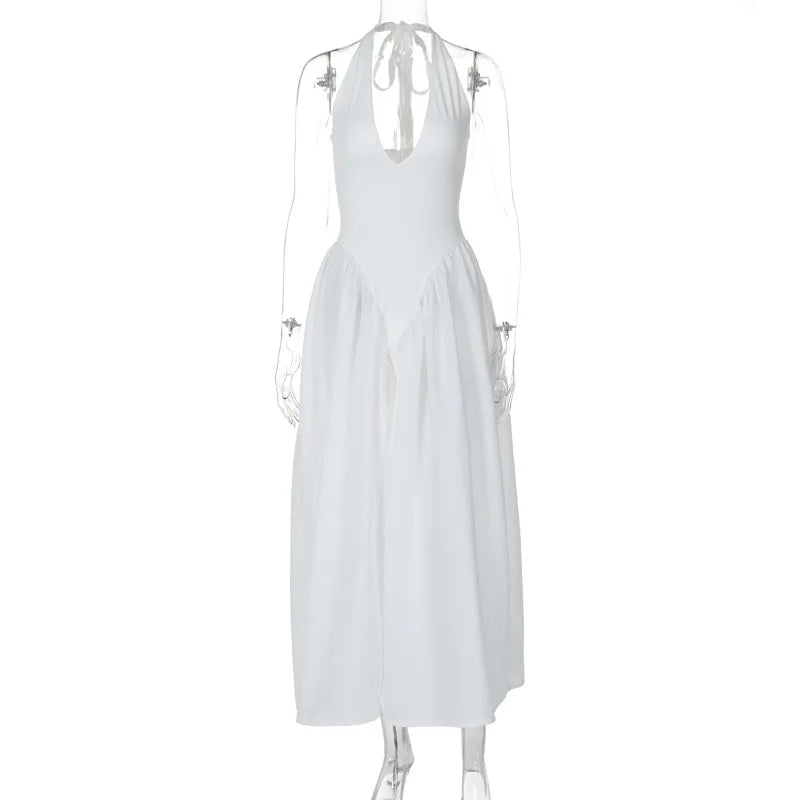 TARUXY Sexy Deep V Hollow Halterneck Large Hem Dress For Women Solid High Waisted Backless Splice Summer New Vacation Long Dress
