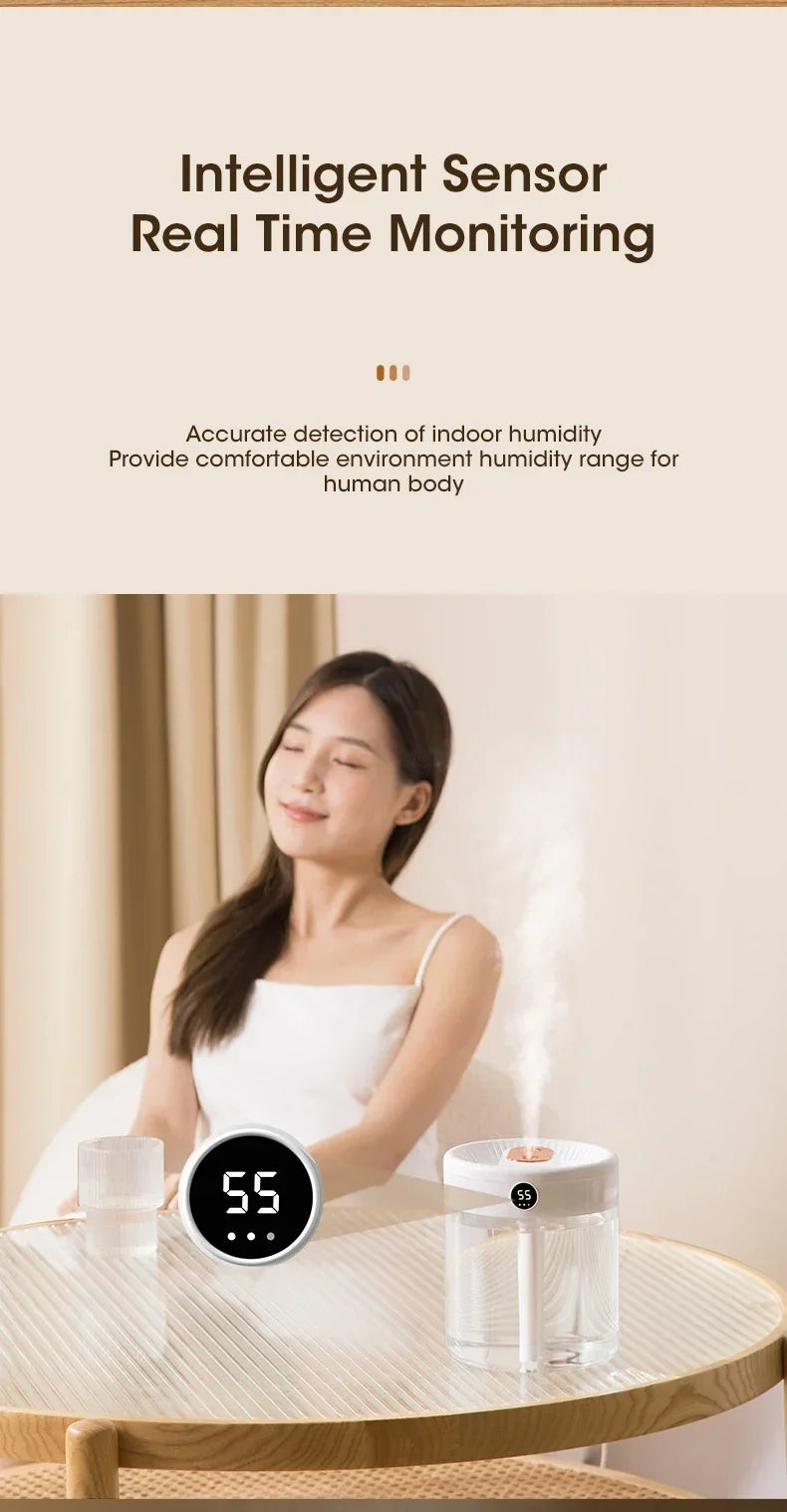 2L Dual Spray Humidifier USB Charging Large Capacity Intelligent Night Light Digital Display Atomizer Mute Office Humidifier