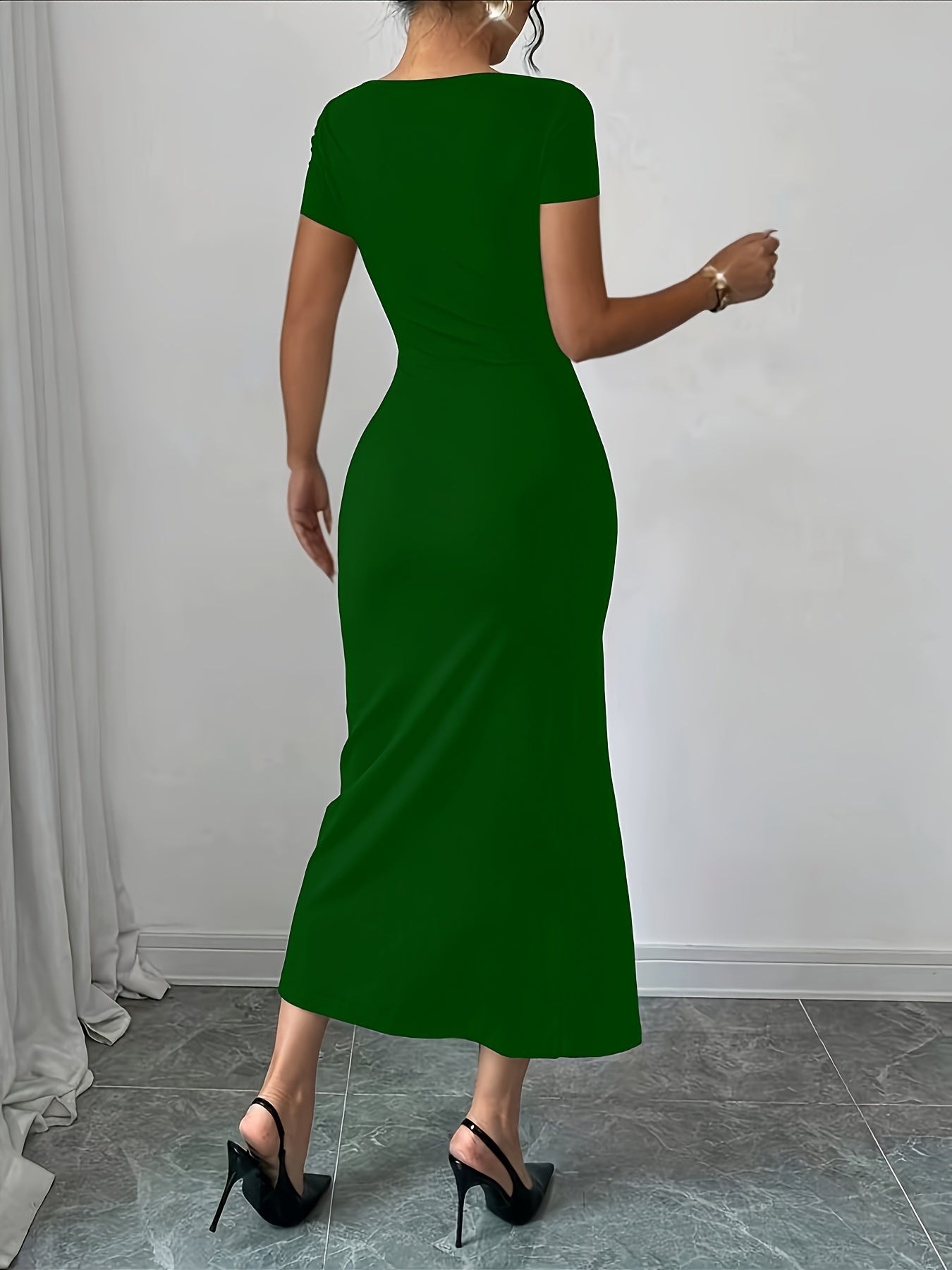 Women's Elegant Black Bow Detail Slim-Fit Bodycon Dress - Short Sleeve Round Neck with High Slit & Hip Wrap, Machine Washable Spring/Summer Formal Attire for Weddings, Parties, Casual Outings, Chic Dress
