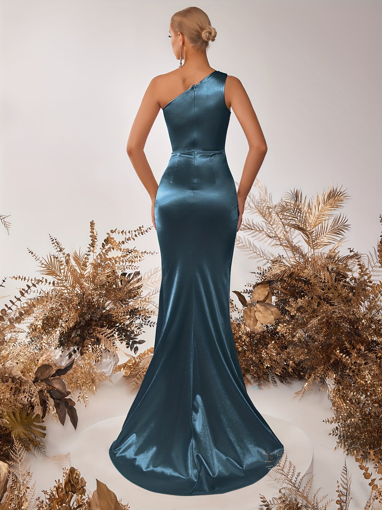 Elegant One-Shoulder Ruched Waist Slimming Evening Dress with High Thigh Slit - Black Bodycon Formal Party Dress for Women, Prom, Wedding, Cocktail, Wedding Guest Attire | Offshoulder Fashion | Strappy Strap Design, Dresses f