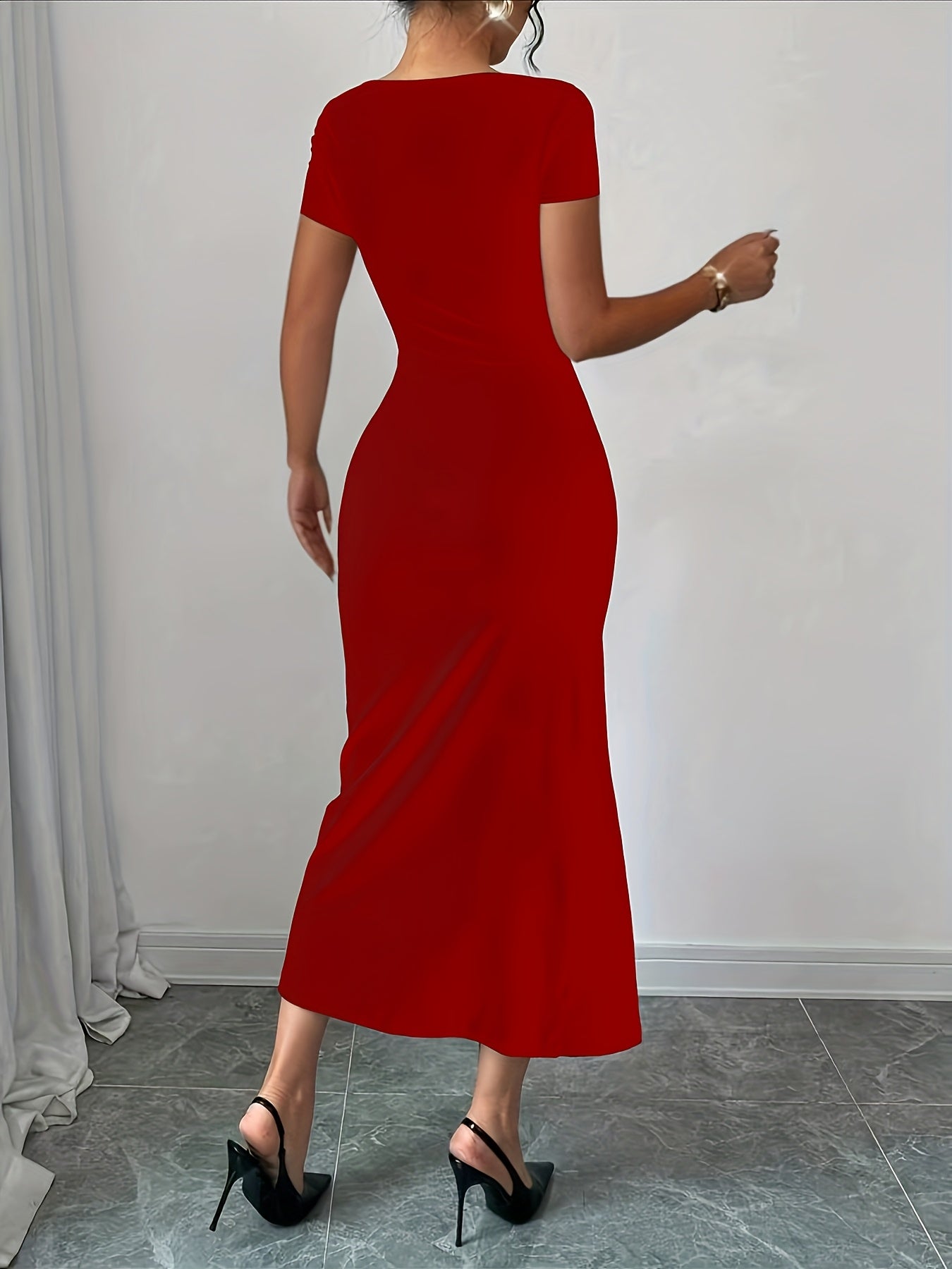 Women's Elegant Black Bow Detail Slim-Fit Bodycon Dress - Short Sleeve Round Neck with High Slit & Hip Wrap, Machine Washable Spring/Summer Formal Attire for Weddings, Parties, Casual Outings, Chic Dress