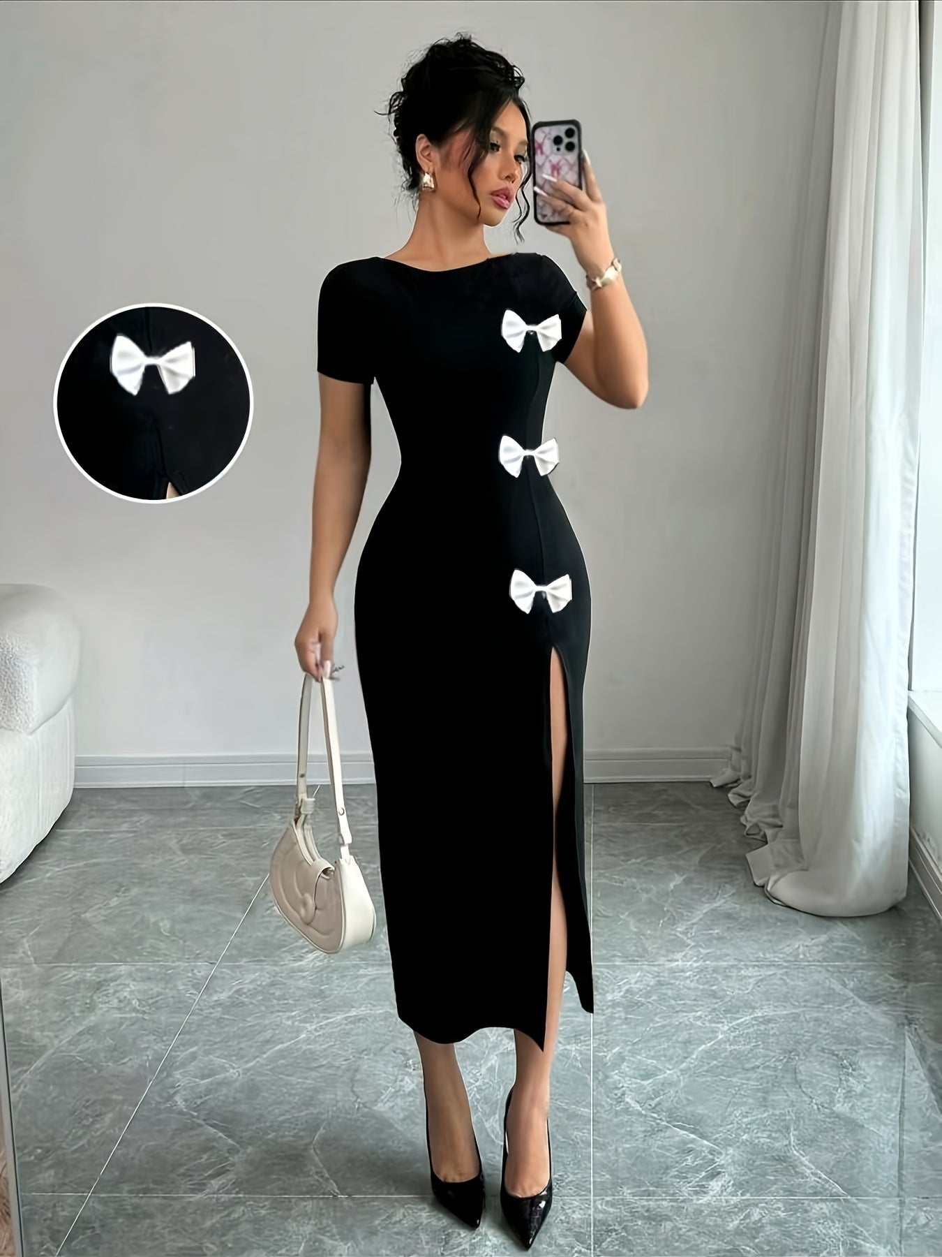 Women's Elegant Black Bow Detail Slim-Fit Bodycon Dress - Short Sleeve Round Neck with High Slit & Hip Wrap, Machine Washable Spring/Summer Formal Attire for Weddings, Parties, Casual Outings, Chic Dress