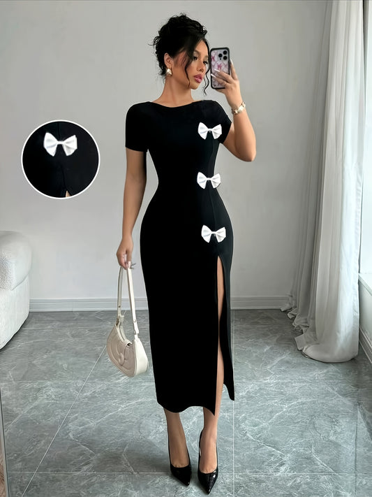 Women's Elegant Black Bow Detail Slim-Fit Bodycon Dress - Short Sleeve Round Neck with High Slit & Hip Wrap, Machine Washable Spring/Summer Formal Attire for Weddings, Parties, Casual Outings, Chic Dress