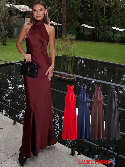 TRAFZA Vintage Casual Chic Solid Women Dress Halter Zipper Beach Long Dress Fashion 2024 Autumn Winter Boho Party Female Dress
