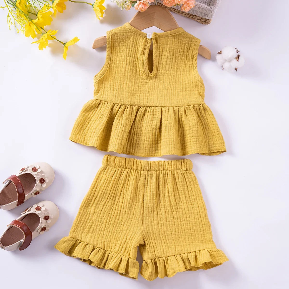 Cute Sleeveless Top Solid Color Shorts 2pcs Summer Girls Bow Tank Top Ruffle Shorts Cotton Comfort Fashion Set 0-5Y