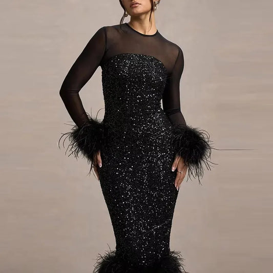 Spring Sequin Patchwork Mesh Party Dresses Women Sexy O Neck Button Hollow Long Dress Autumn Long Sleeve Feather Slim Hip Dress