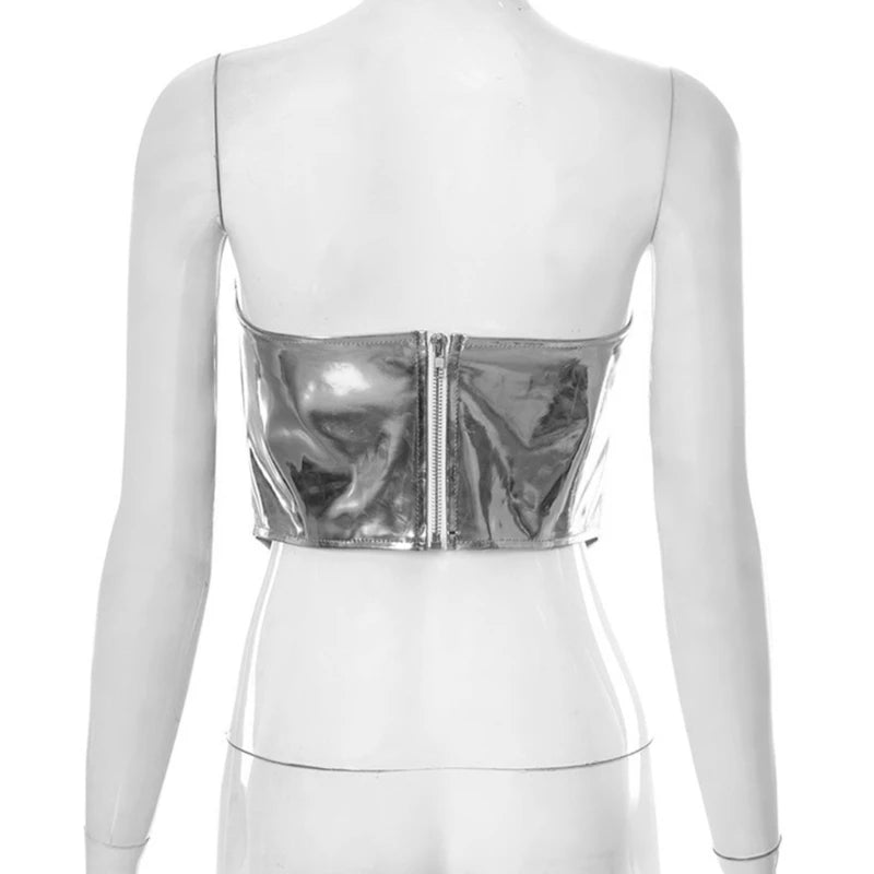 Elegant PU Leather Strapless Top with Golden Accents Sexy Camisole Sleeveless Top Suitable for Various Occasion