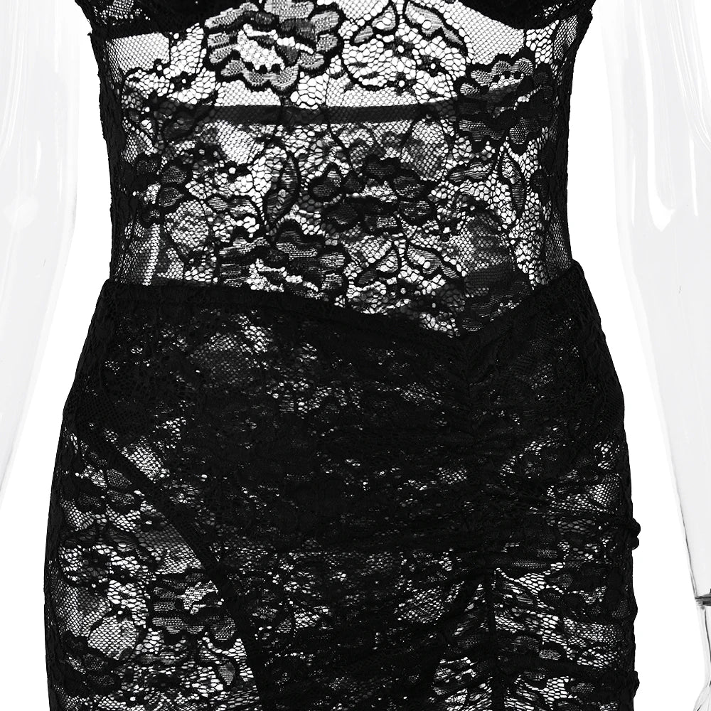 Articat Sexy Lace Deep V Sleeveless Slim Dress Women Perspective Tight Split Backless Charming Long Dress Party Holiday Beach