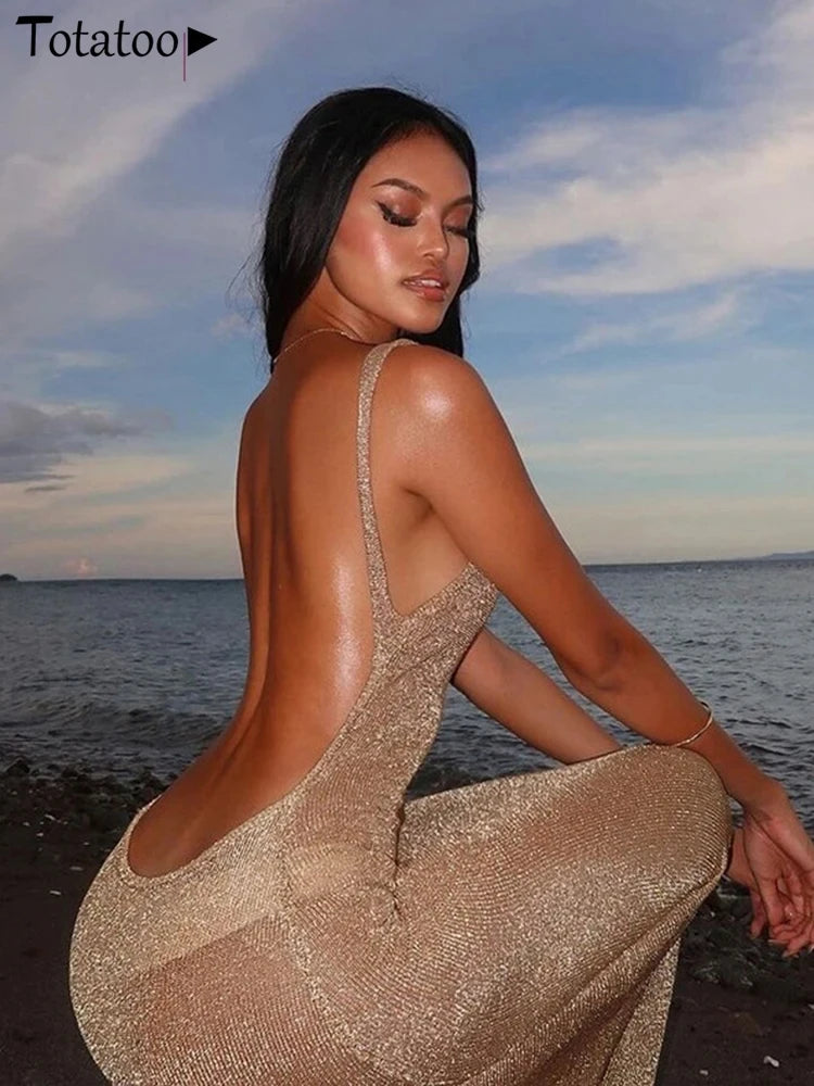 Totatoop Elegant Gold Glitter Tank Dress For Women 2024 Summer Sleeveless Slim Fit Vintage Party Long Dress Beach Robe Clothing