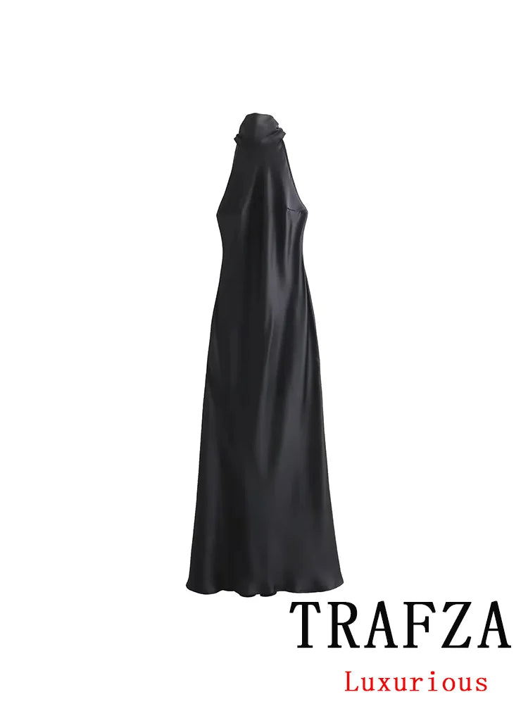TRAFZA Vintage Casual Chic Solid Women Dress Halter Zipper Beach Long Dress Fashion 2024 Autumn Winter Boho Party Female Dress