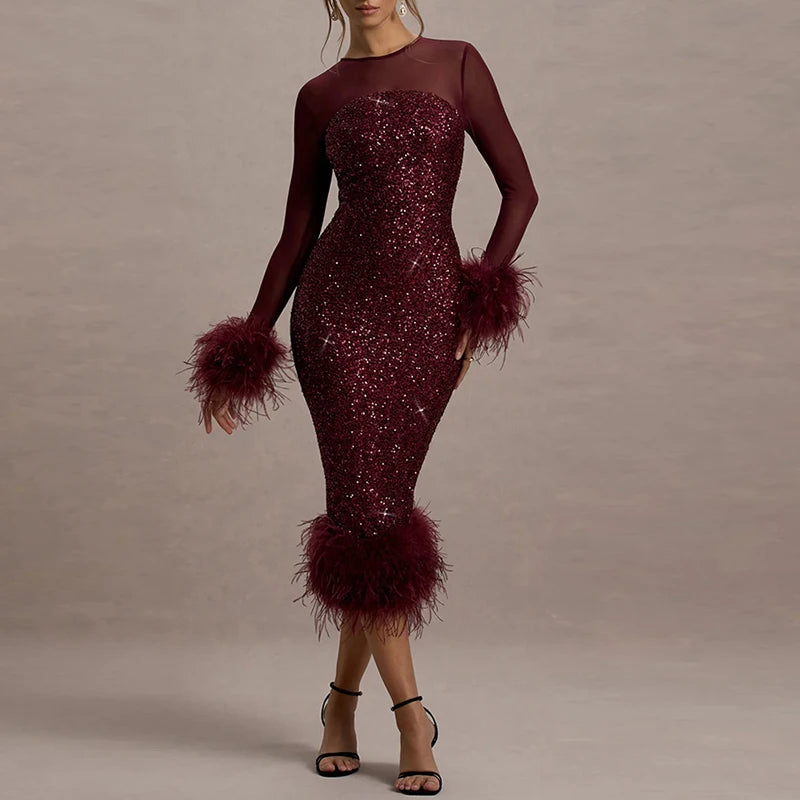 Spring Sequin Patchwork Mesh Party Dresses Women Sexy O Neck Button Hollow Long Dress Autumn Long Sleeve Feather Slim Hip Dress