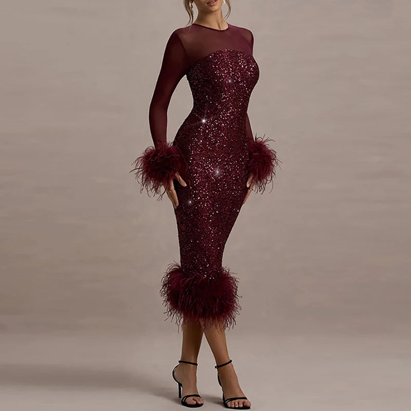 Spring Sequin Patchwork Mesh Party Dresses Women Sexy O Neck Button Hollow Long Dress Autumn Long Sleeve Feather Slim Hip Dress