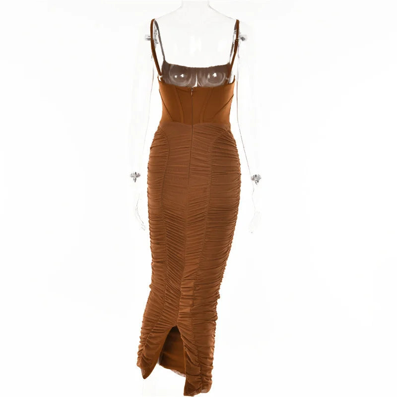 Mozision Elegant Corset Ruched Maxi Dress Women Fashion Spaghetti Strap Sleeveless Backless Zipper Long Dress Vestido