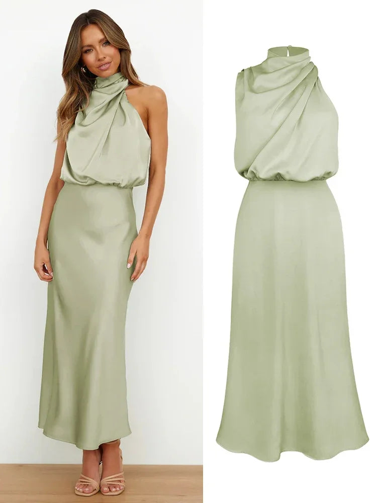 Summer Luxury Sleeveless Silk Satin Long Dress Women Elegant Off Shoulder Celebrity Evening Dress Partywear Lady Trumpet Dress