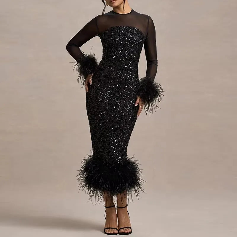 Spring Sequin Patchwork Mesh Party Dresses Women Sexy O Neck Button Hollow Long Dress Autumn Long Sleeve Feather Slim Hip Dress