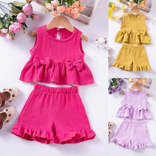 Cute Sleeveless Top Solid Color Shorts 2pcs Summer Girls Bow Tank Top Ruffle Shorts Cotton Comfort Fashion Set 0-5Y