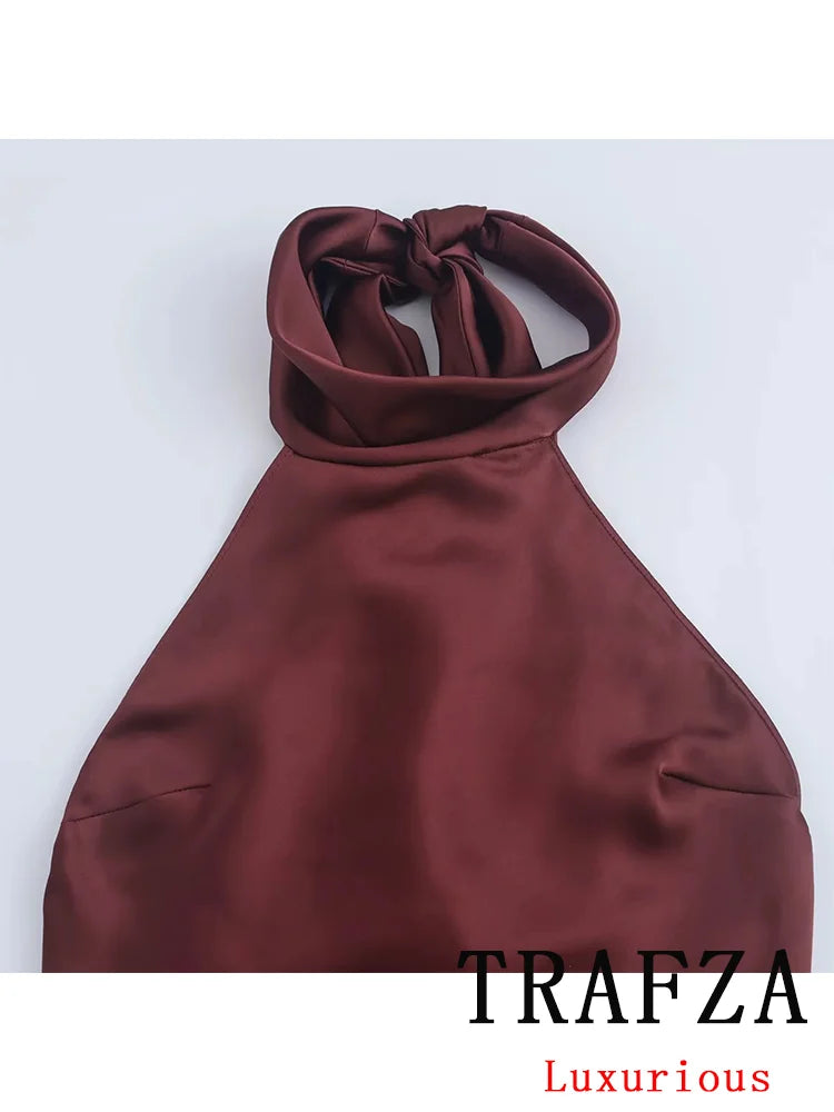 TRAFZA Vintage Casual Chic Solid Women Dress Halter Zipper Beach Long Dress Fashion 2024 Autumn Winter Boho Party Female Dress