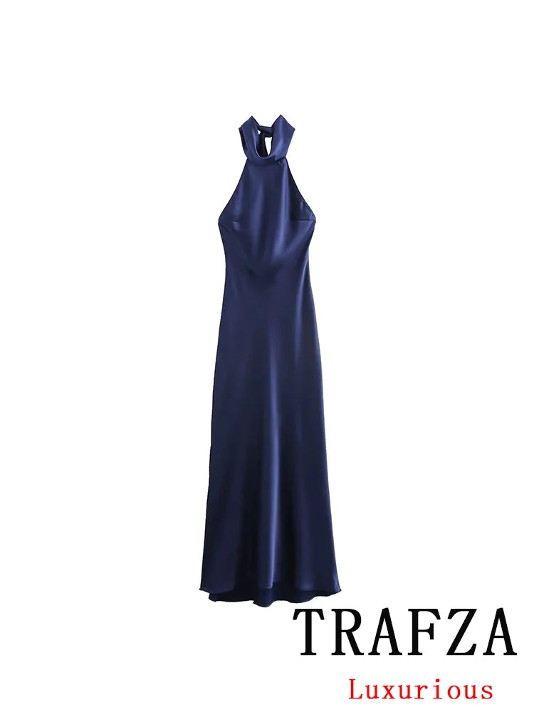 TRAFZA Vintage Casual Chic Solid Women Dress Halter Zipper Beach Long Dress Fashion 2024 Autumn Winter Boho Party Female Dress