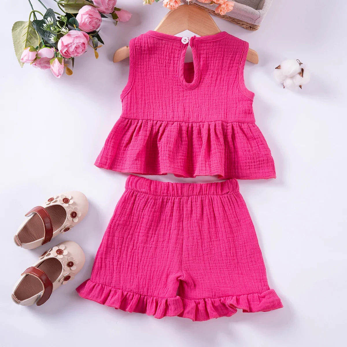 Cute Sleeveless Top Solid Color Shorts 2pcs Summer Girls Bow Tank Top Ruffle Shorts Cotton Comfort Fashion Set 0-5Y