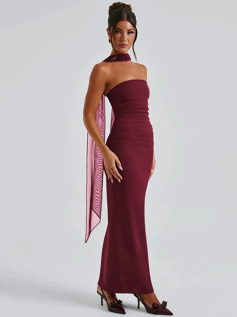 DGLUKE Elegant Strapless Long Dresses Woman Summer 2025 Sexy Ruched Bodycon Maxi Dress Burgundy Evening Party Dress With Gloves