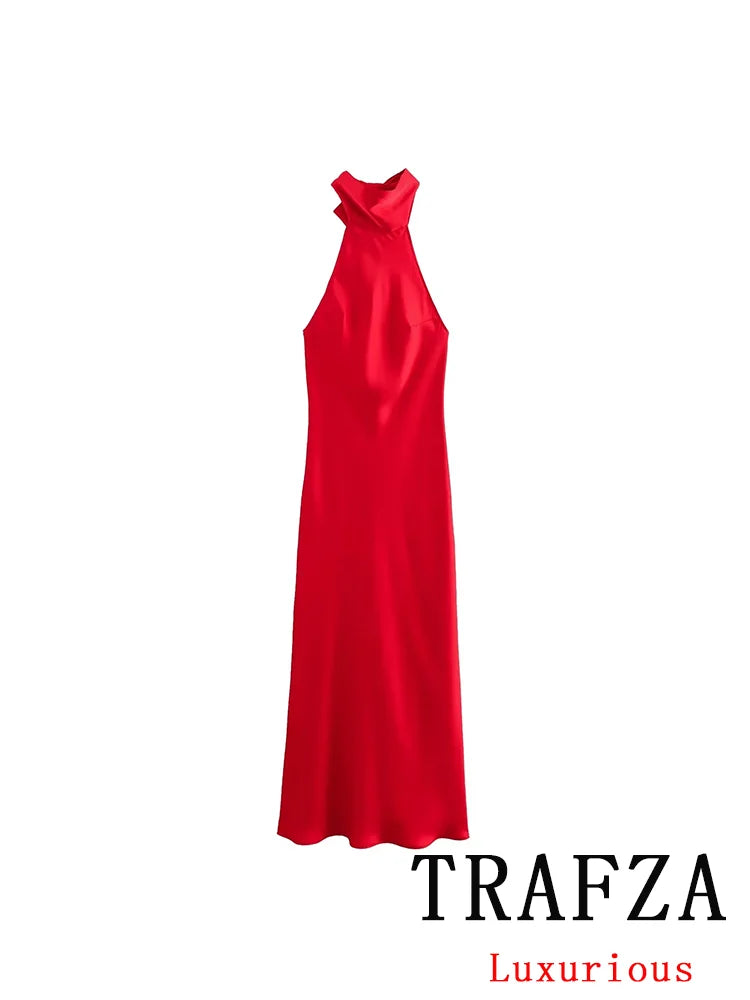 TRAFZA Vintage Casual Chic Solid Women Dress Halter Zipper Beach Long Dress Fashion 2024 Autumn Winter Boho Party Female Dress