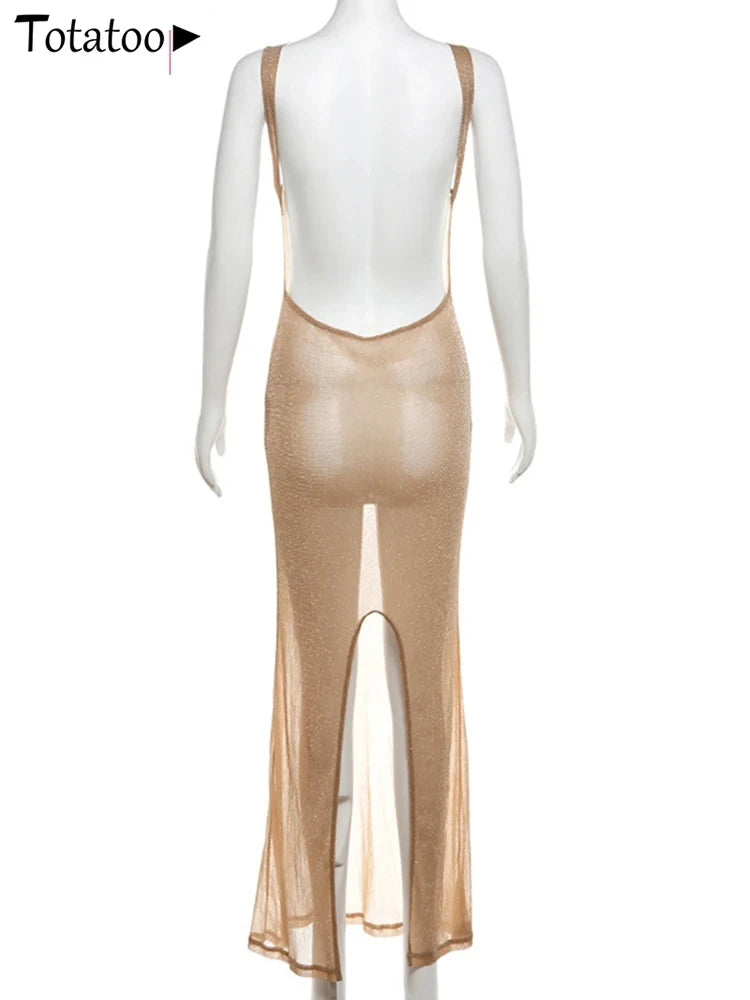Totatoop Elegant Gold Glitter Tank Dress For Women 2024 Summer Sleeveless Slim Fit Vintage Party Long Dress Beach Robe Clothing