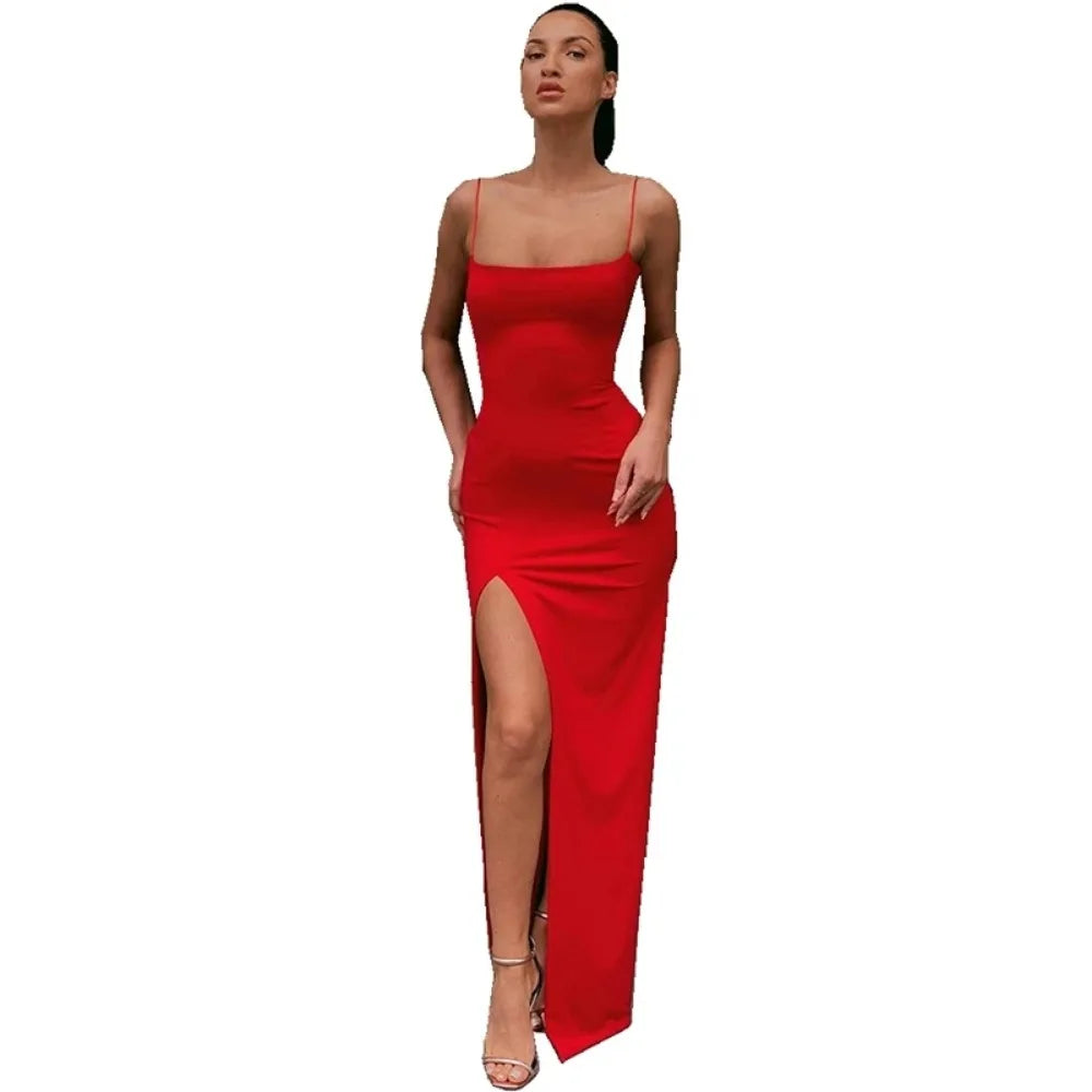 Summer Women's L-4XL Plus Size Camisole Slim Fit Solid Color Sleeveless Long Dress Party Backless Sexy Slit Fashion Party