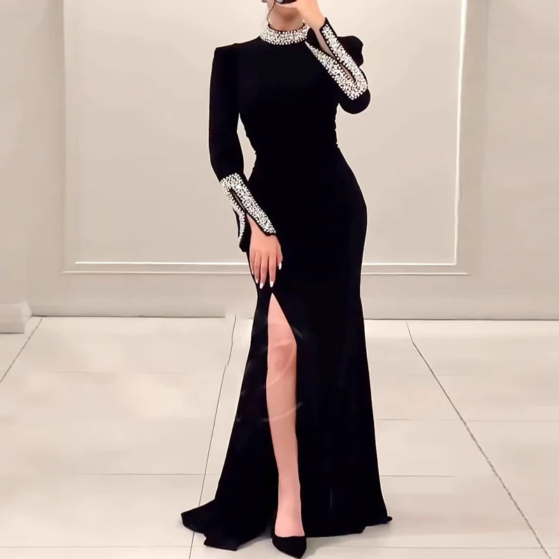 Women Fashion Round Neck Beading Long Dress Spring Solid Slim Fit Bodycon Hip Dress Autumn Long Sleeve Velvet Evening Maxi Dress