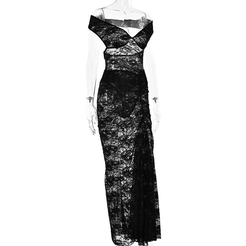 Articat Sexy Lace Deep V Sleeveless Slim Dress Women Perspective Tight Split Backless Charming Long Dress Party Holiday Beach