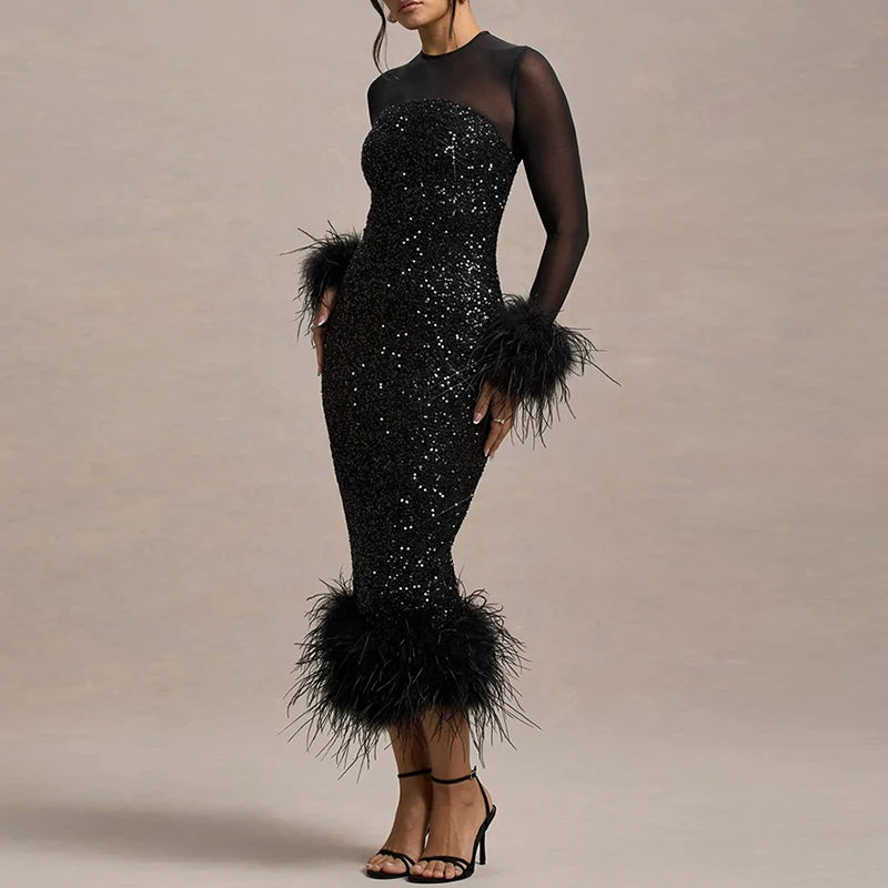 Spring Sequin Patchwork Mesh Party Dresses Women Sexy O Neck Button Hollow Long Dress Autumn Long Sleeve Feather Slim Hip Dress