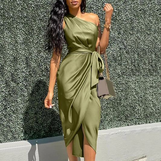 Fashion One Shoulder Long Dress Women Summer Solid Color Slim Waist Pencil Dress Ladies Backless Lace Up Evening Party Dresses