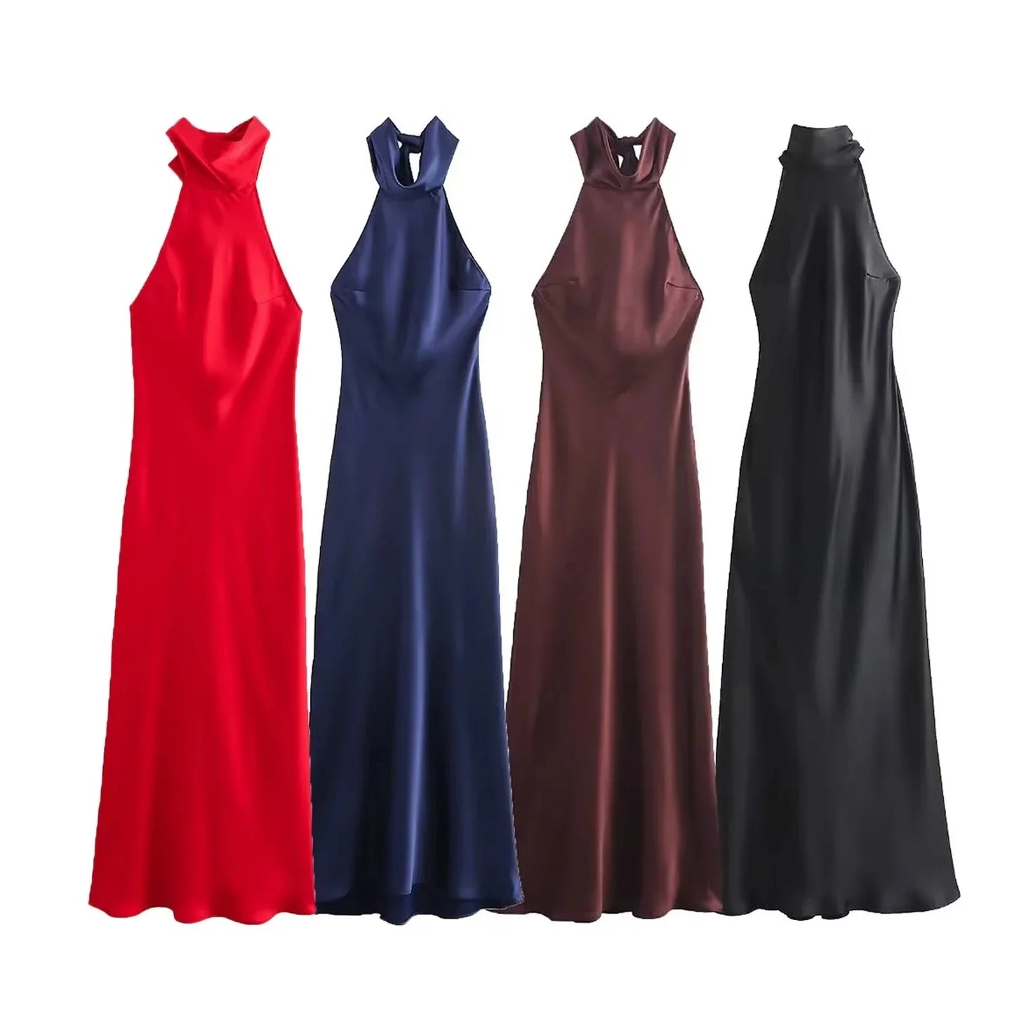 TRAFZA Vintage Casual Chic Solid Women Dress Halter Zipper Beach Long Dress Fashion 2024 Autumn Winter Boho Party Female Dress