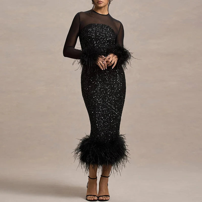 Spring Sequin Patchwork Mesh Party Dresses Women Sexy O Neck Button Hollow Long Dress Autumn Long Sleeve Feather Slim Hip Dress
