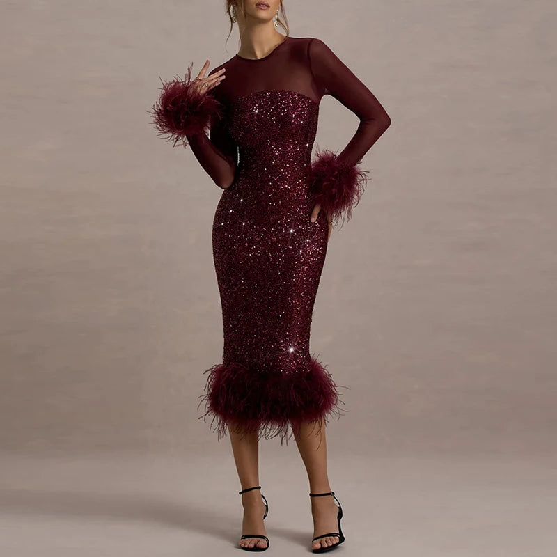 Spring Sequin Patchwork Mesh Party Dresses Women Sexy O Neck Button Hollow Long Dress Autumn Long Sleeve Feather Slim Hip Dress