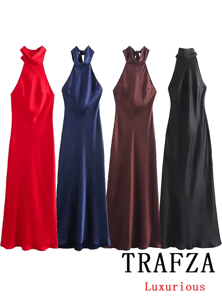TRAFZA Vintage Casual Chic Solid Women Dress Halter Zipper Beach Long Dress Fashion 2024 Autumn Winter Boho Party Female Dress