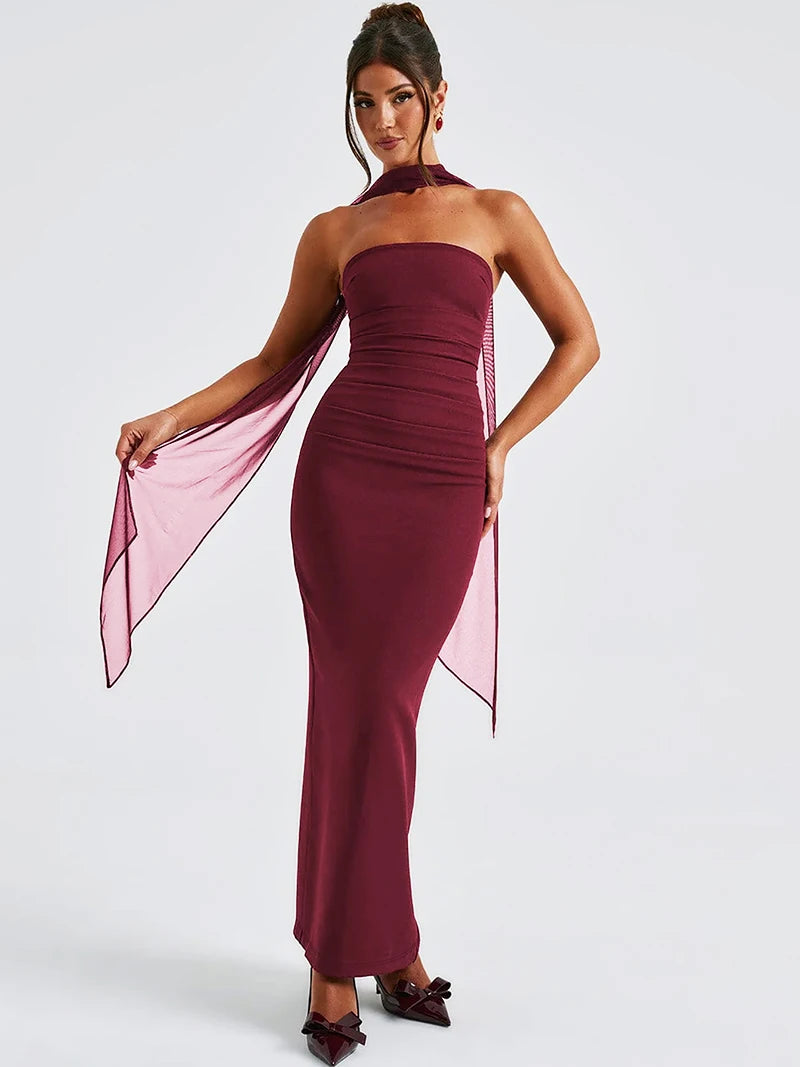 DGLUKE Elegant Strapless Long Dresses Woman Summer 2025 Sexy Ruched Bodycon Maxi Dress Burgundy Evening Party Dress With Gloves