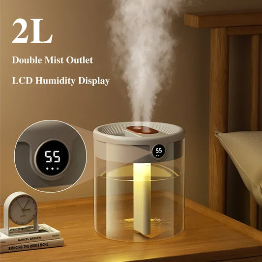 2L Dual Spray Humidifier USB Charging Large Capacity Intelligent Night Light Digital Display Atomizer Mute Office Humidifier
