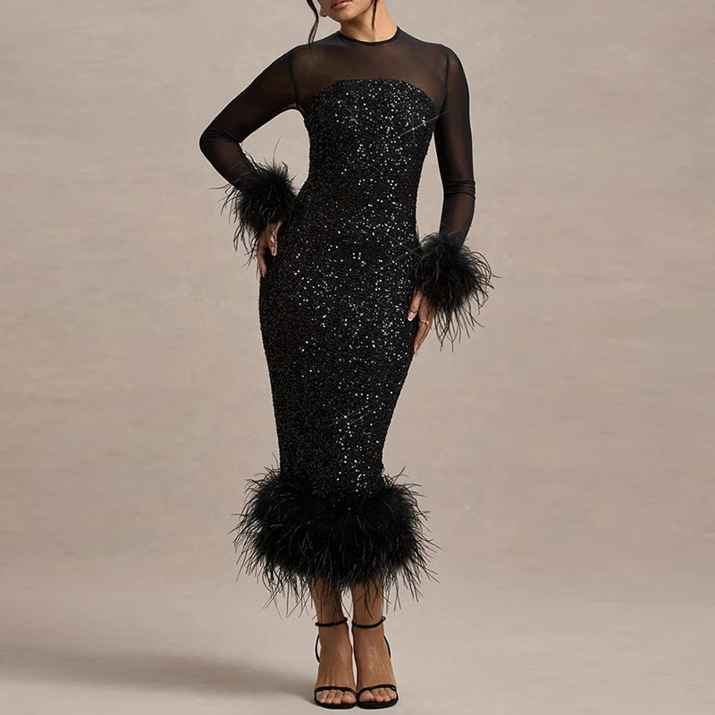 Spring Sequin Patchwork Mesh Party Dresses Women Sexy O Neck Button Hollow Long Dress Autumn Long Sleeve Feather Slim Hip Dress