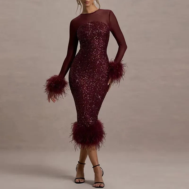 Spring Sequin Patchwork Mesh Party Dresses Women Sexy O Neck Button Hollow Long Dress Autumn Long Sleeve Feather Slim Hip Dress