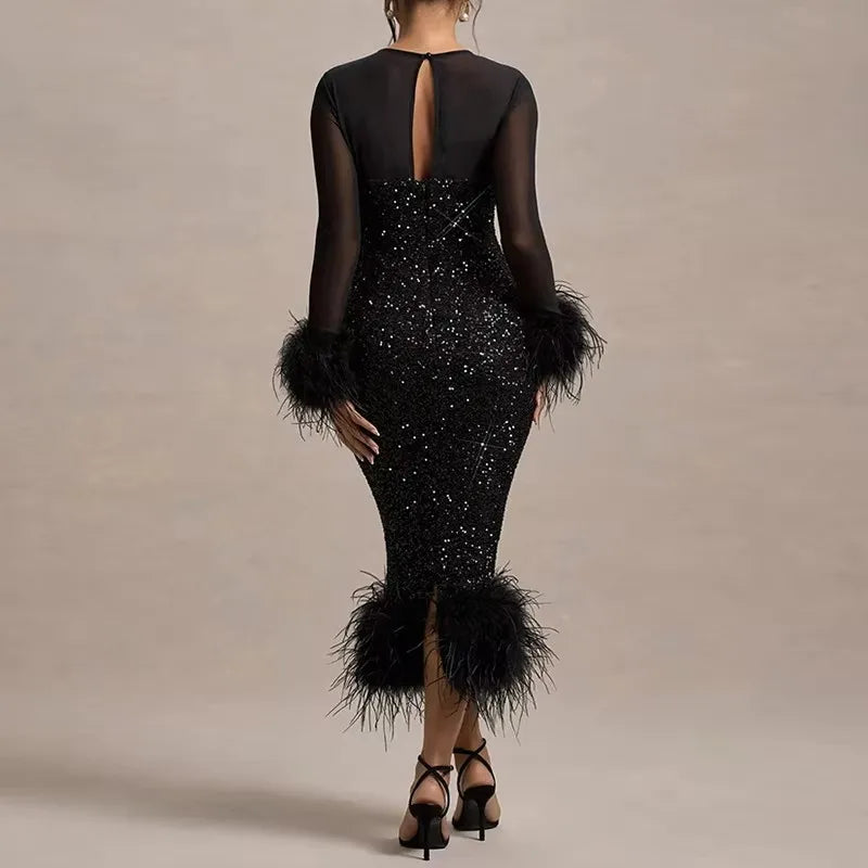Spring Sequin Patchwork Mesh Party Dresses Women Sexy O Neck Button Hollow Long Dress Autumn Long Sleeve Feather Slim Hip Dress